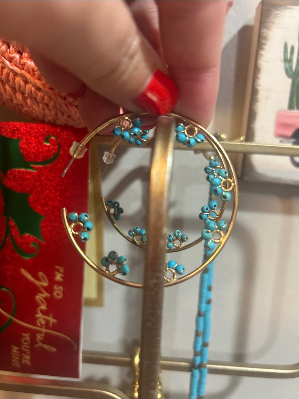 Gold Hoop Earrings with Turquoise Floral Accents - Women Jewelry